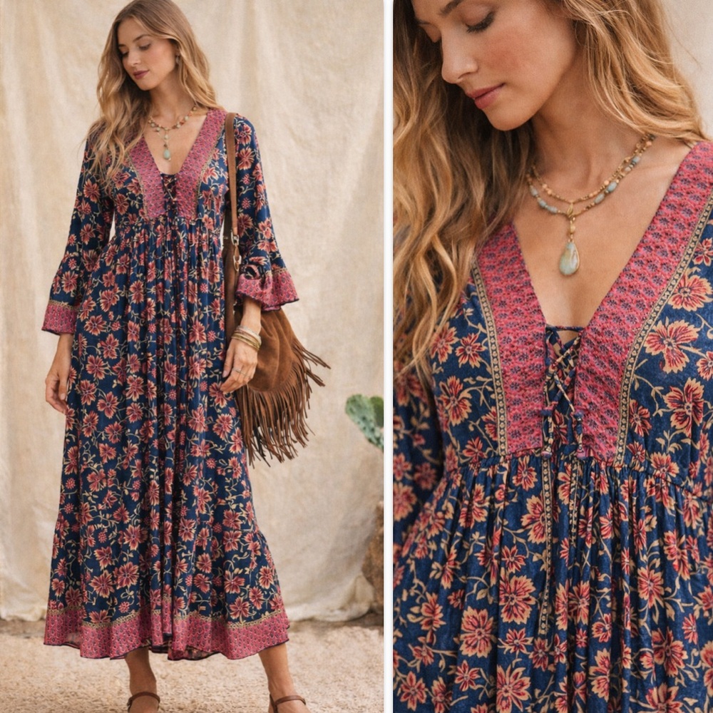 Anthropologie Navy & Pink Floral Lace-Up Maxi Dress
